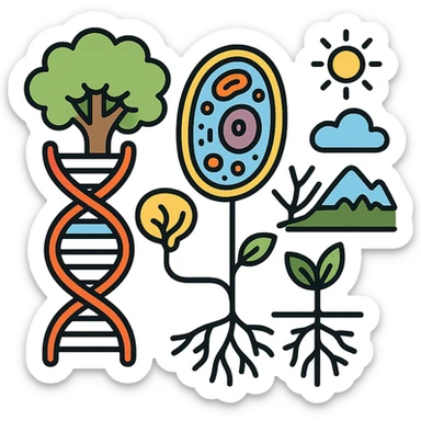 A realistic biological illustration (like in a school book) showing: DNA strands transitioning into a tree, cells with visible organelles, neurons connected to plant roots  and a balanced ecosystem background . Seamless integration, no labels or borders, complete white background (not off white!), detailed but minimalist.  sticker
