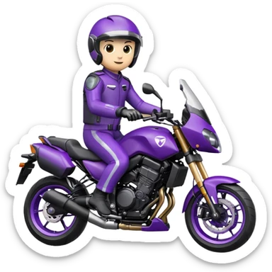 Créer un emoji avec une moto mt07 sport noir mate / violet iridescent très foncé, pare-brise de la moto violet. Avec une pilote dessus visière violet sombre visage caché . Avec fond arrière violet en arrière plan. sticker