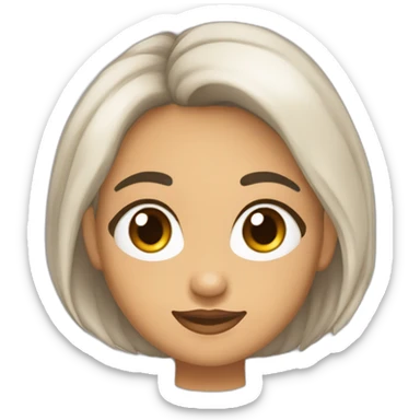 Morena de pelo medio, tez blanca, nariz chata, ojos un poco rasgados y marrones y la cara redondo da sticker