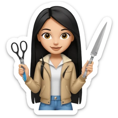 a pretty tan bratz girl with black long straight hair smiling and holding scissors sticker