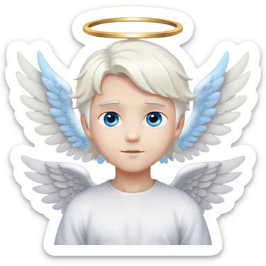 Cute angel boy with white hair, white angel wings, a halo above her head and blue eyes, sticker