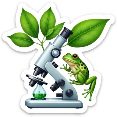 An icon featuring a DNA strand, a microscope, and a green leaf, symbolizing biology. The design includes animal cells, plant structures, and a frog, representing the study of living organisms and ecosystems. Transparent background highlights life sciences and biological research. sticker