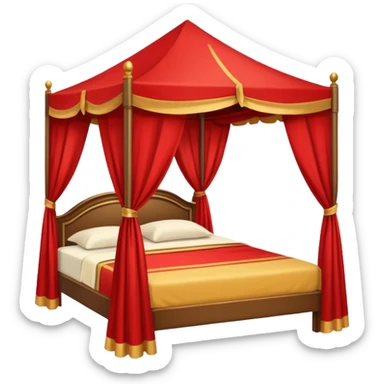 bed with red and gold sheets, wooden, canopy, simple sticker
