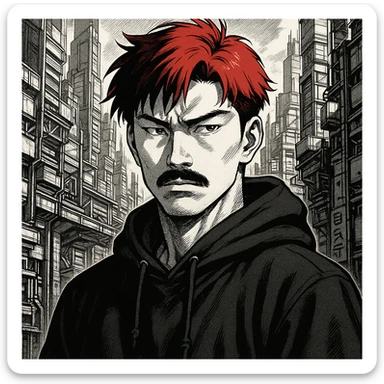 Asian man with black mustache, red hair, black hoodie, Ghost in the Shell manga style, futuristic city background, sharp shadows, high detail sticker