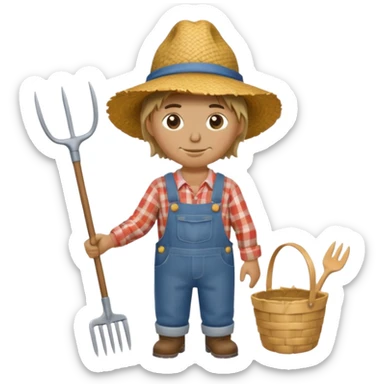 Scarecrow, Dressed like a farmer with overalls, straw hat, and a rake tucked in one arm, body on stick sticker