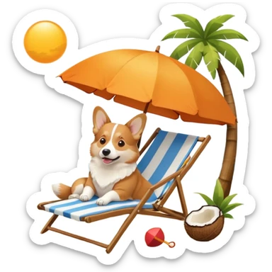 a corgi dog laied on a beach chair, a sunny beach, a sun umbrella, and beach coconut trees. the icon should capture the essence of a relaxing beach vacation with a carefree atmosphere sticker
