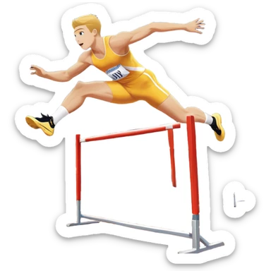 An icon of an athlete soaring over a hurdle, mid-jump, with a powerful form. The background features a vibrant stadium, with the track and hurdles in sharp focus, and a cheering crowd along the stands. The motion of the jump emphasizes speed and agility. Transparent background. sticker