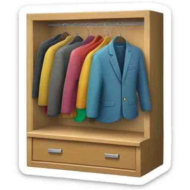 Design an emoji-style icon of an open wardrobe with clothes hanging inside. Include details like a wooden frame, hangers, and colorful clothing items such as shirts or jackets. Use a clean and minimalistic design. sticker