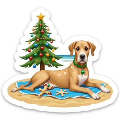 Fawn Great Dane laying on a tropical beach with a Christmas tree and dog bones under the tree sticker