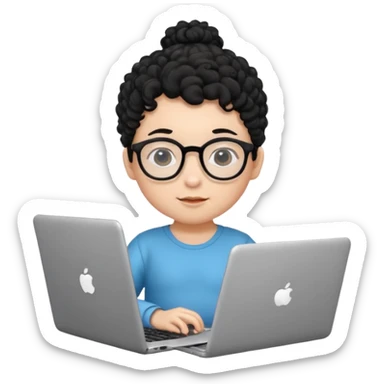 A baby DEVELOPER WITH A laptop, black curly hair and topknot, wearing glasses sticker