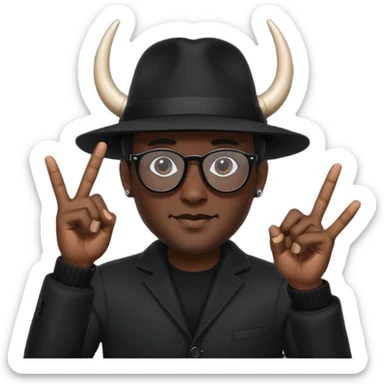 man dressed in black with dark glasses black Lens and a black hat hwo making the horns gesture on each  hands sticker
