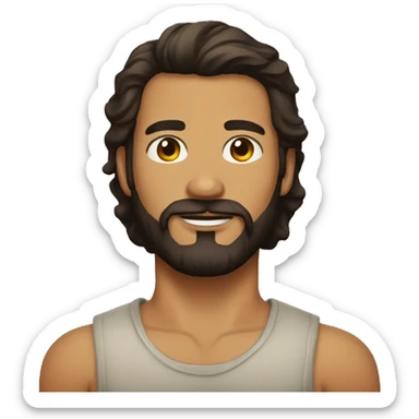 man with beard, long dark brown hair, tan skin, trident tattoo on the neck sticker