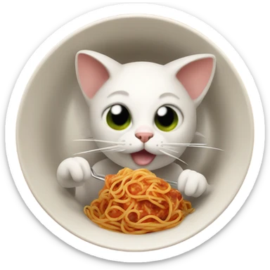 A cat eating a bowl of spaghetti in the middle of outer space with meatballs as ears whilst riding a dinosaur  sticker