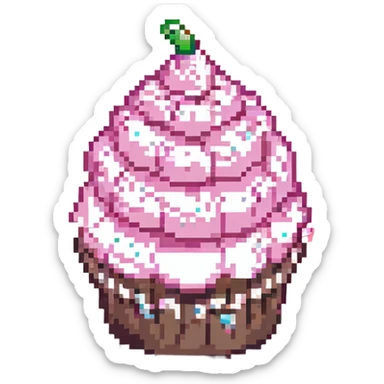 cupcake with pink icing, pixel art, retro video game style sticker