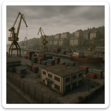 a screenshot of the game DayZ videogame, the harbor in a Scandinavian port town, industrial harbor at apartment blocks sticker