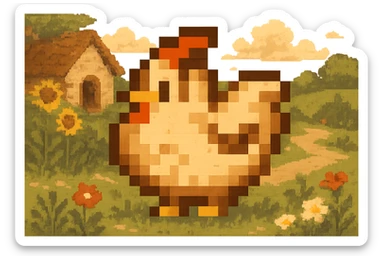 Using a transparent background, re-imagine this pixelated chicken in a cottage core setting sticker