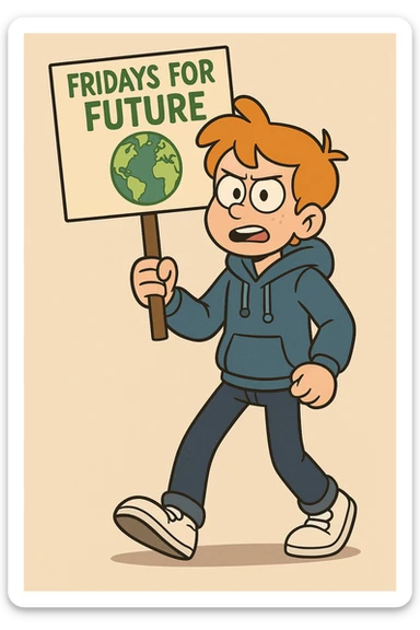  Fridays for Future a boy Yellow Orange hair blue jackets hoodie dark blue jeans white shoe  sticker