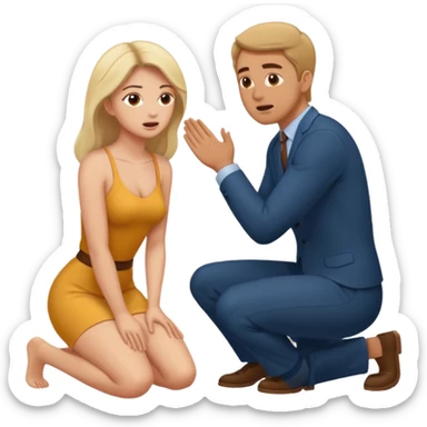 A woman kneel down in front of a man and the man moan sticker