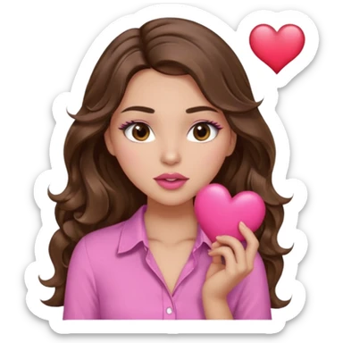 girl with long wavy brown hair, brown eyes, light to medium complexion, in a pink shirt, pink lips, long lashes, sexy , puckering, blushing, kissing a heart sexy sticker