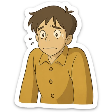 ghibli style character with sloped shoulders, looking nervous, to represent shirking responsibility sticker