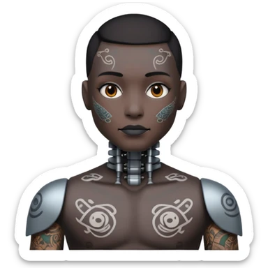 black Tatooed robot, big many tatooes on chest, neck and face, white tatoo on face sticker