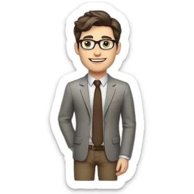 Pale skinned fit man with dark brown hair in gray jacket, beige office shirt, brown tie, brown pants and vintage glasses Writing on the flipchart sticker