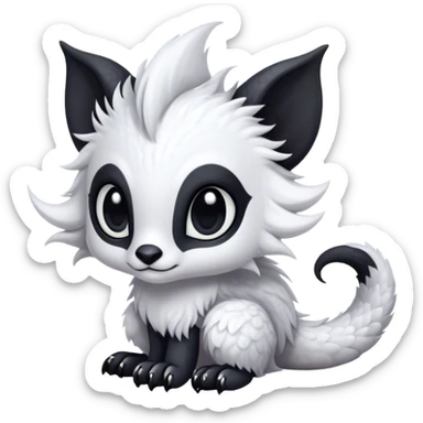 Fantasy-fantasy creature, black ears, no Scapha, black long scaly tail, big eyes, black eyes, white fur, black claws, cute, adorable sticker
