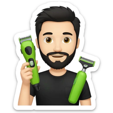 young handsome fair-skinned man with messy black hair and beard, smiling, wearing a black t-shirt, holding one small true-to-size lime green face beard trimmer in one hand, iOS emoji style sticker