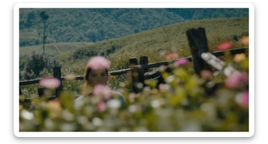 A portrait of a person in the foreground, blurred plants in the foreground (close to the camera), a wooden fence and colorfull flowers in the midground, rolling hills in the background, cinematic depth of field, layered composition, natural lighting sticker