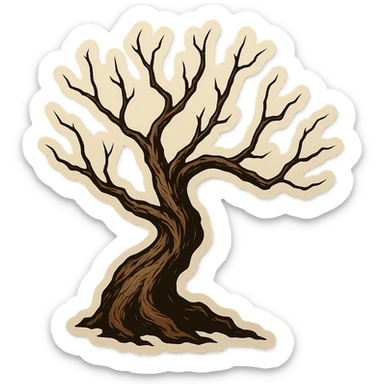 Dry tree with crooked branches without leaves, clear black outlines, expressive shadows and highlights, aged bark texture, retro stickers style, no smooth color transitions. sticker