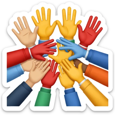 Emoji-style icon showing several diverse hands high-five together, symbolizing unity and team spirit. Flat minimal Apple-style emoji, bright colors, white background, soft shadows. sticker