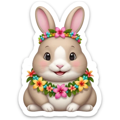 A chubby rabbit with a colorful tropical lei, smiling sweetly. sticker
