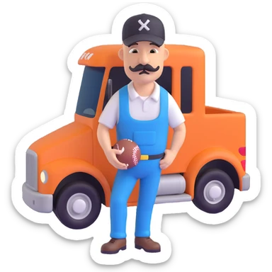bald truck driver with a mustache and a baseball cap sticker