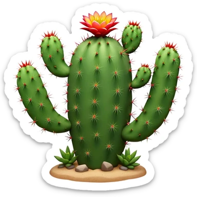 Cinematic Realistic Cactus Emoji, Tall and spiny, with thick, rounded stems covered in sharp spines. Bright flowers bloom at the tips of some branches, adding a pop of color against the desert backdrop. Soft glowing outline, capturing the essence of strength, survival, and desert beauty in a striking cactus! sticker