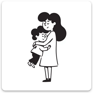 mother hugging a sad child, hand-drawn, sketchy lines sticker
