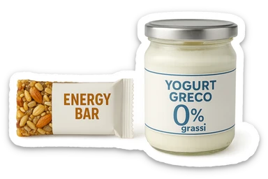BARRETTA ENERGETICA E BARATTOLO DI YOGURT GRECO CON  LA SCRITTA "0% grassi" SULL'ETICHETTA  , ISOLATA SU SFONDO BIANCO sticker