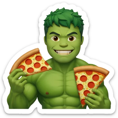 Create a man in a hulk costume eating pizza sticker