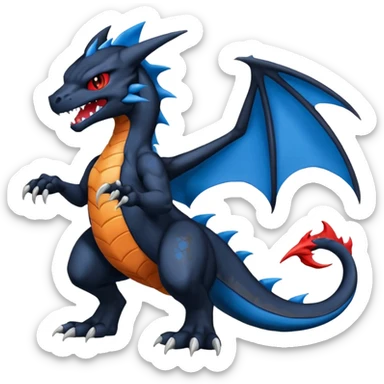 Black and Blue Venom-Stitch-Charizard-Zekrom-Salandit-Sneasel-fusion, full body, with red eyes  sticker