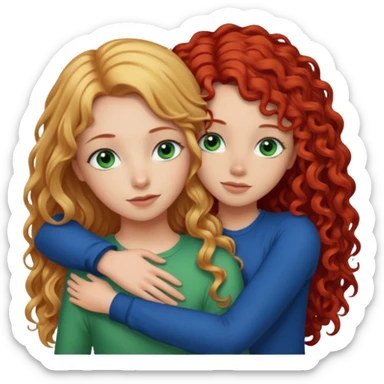 A girl with straight long blonde hair with blue eyes hugging a girl with red curly hair and green eyes sticker
