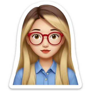 20 yr old asian woman, straight thick long brown hair, blond at ends of hair, middle part, big red glasses, brown eyes, casual shirt sticker
