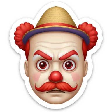 Angry clown — furrowed brow, mustache, tiny hat. sticker