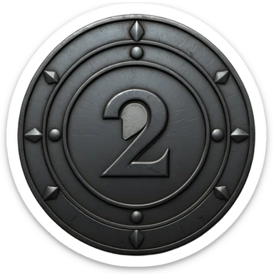 Minimal emoji, gothic metal coin made of black steel, engraved number 2 at the center, ancient industrial aesthetic, worn metal texture, no glow, no neon, flat emoji design, centered, transparent background sticker