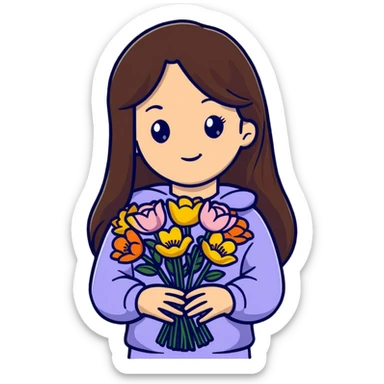Cool girl with long brown hair holding a bouquet of flowers sticker