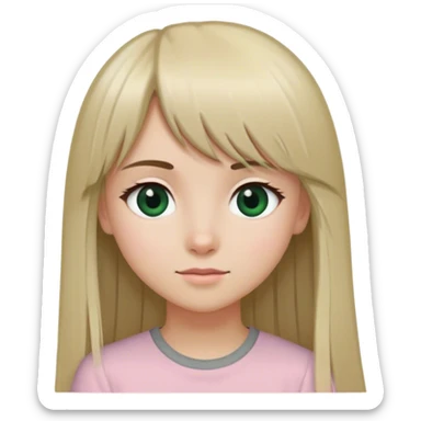 A girl with long straight blond hair and long bangs. Her right eye is brown, her left eye is dark green. A slight smile. She is wearing a light pink shirt and grey wide trousers. sticker