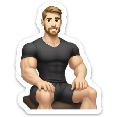 Pale skinned Fit Man With the biceps and dark brown hair in black shirt, gray sports shorts and white Sneakers Sitting on a chair sticker