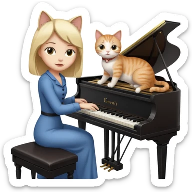 woman playing piano while her cat sits on top of the piano sticker