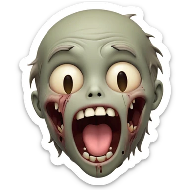 Cinematic Cute Yawning Zombie Portrait Emoji, with a delightfully quirky, slightly disheveled face in muted ashen tones, head tilted back in a big, funny yawn that reveals quirky stitches and playful gaps, simplified yet irresistibly charming, highly detailed with a soft, eerie glowing outline capturing the sleepy, offbeat vibe of a zombie taking a nap! sticker