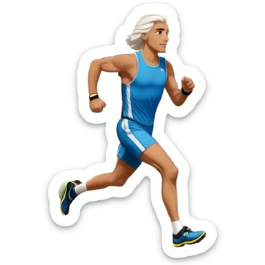 Tall man with long brown and white hair running in Rome marathon, Colosseum in background sticker