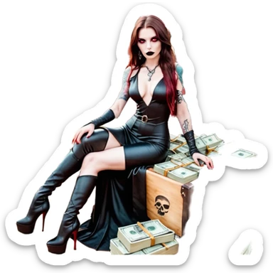 Lilith symbol red eye seductress evil long brown haired sexy succubus woman with leather long dress with slit, sitting in Big Large F350 pickup truck. Black Platform high heels on feet. Tattoo sleeve arms, seat full of stacks of cash, and a man dead human skull of her enemies and a gun in other hand sticker