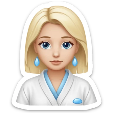 Blonde women, with brown eyes, wearing a white spa robe with blue gel eye pads under her eyes. sticker